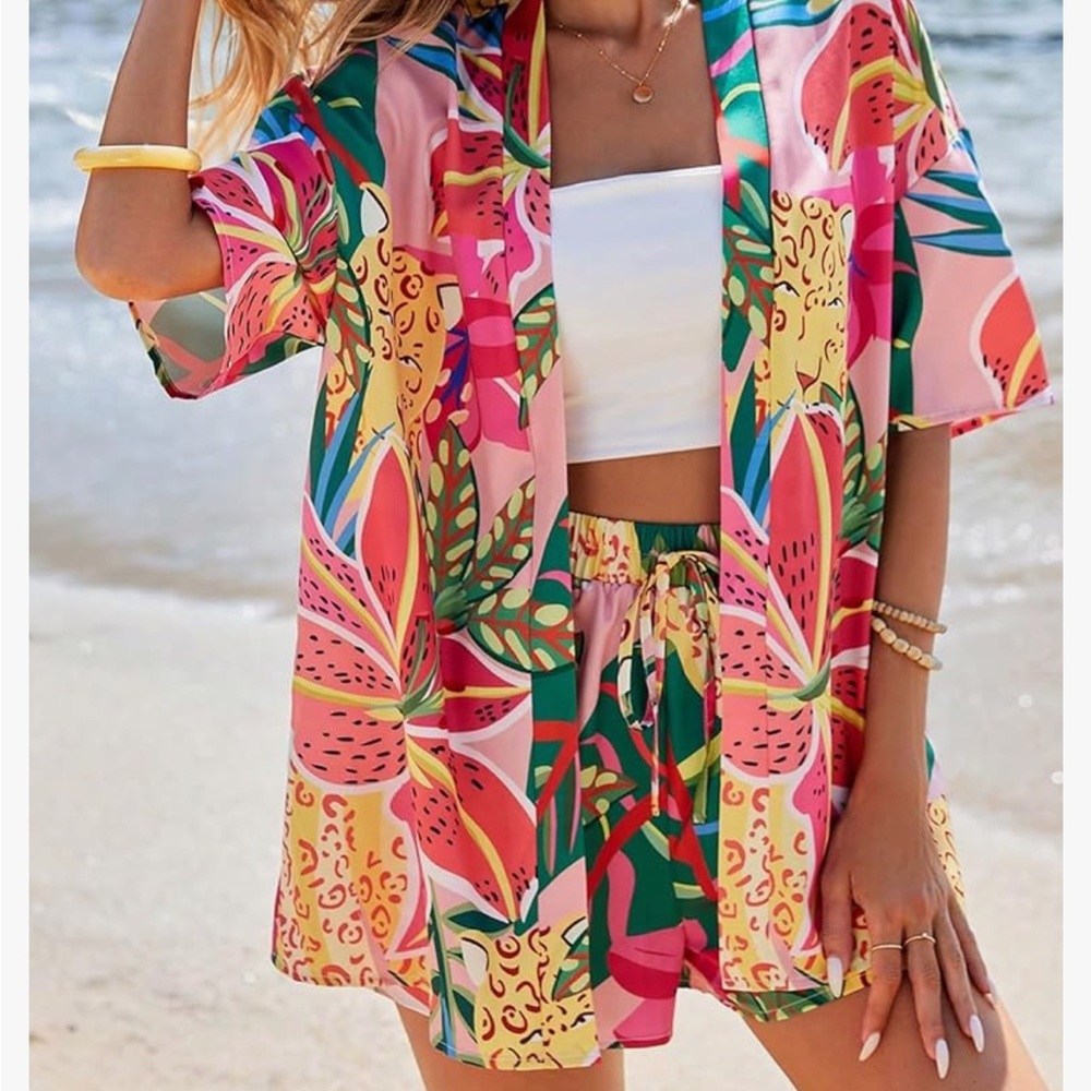 Tropical Print Open Front kimono with shorts set